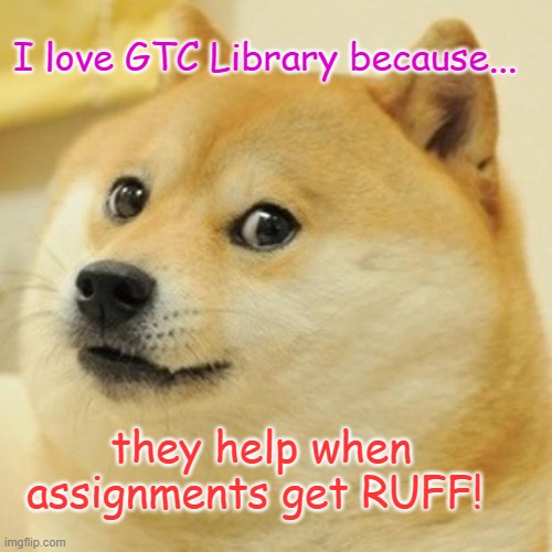 GTC Library Love | I love GTC Library because... they help when assignments get RUFF! | image tagged in memes,doge,library | made w/ Imgflip meme maker