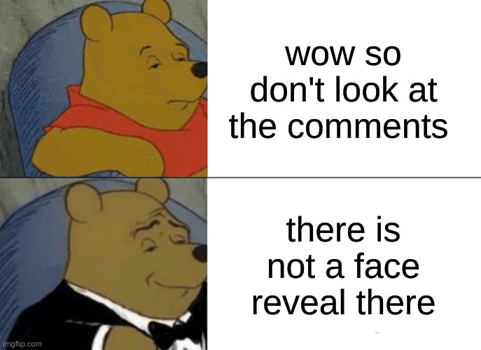 face reveal part 3 | wow so don't look at the comments; there is not a face reveal there | image tagged in memes,tuxedo winnie the pooh | made w/ Imgflip meme maker