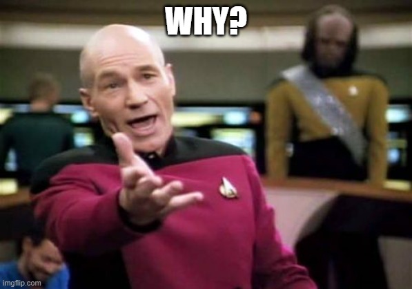 Picard Wtf Meme | WHY? | image tagged in memes,picard wtf | made w/ Imgflip meme maker