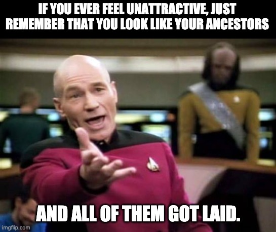 Ancestry | IF YOU EVER FEEL UNATTRACTIVE, JUST REMEMBER THAT YOU LOOK LIKE YOUR ANCESTORS; AND ALL OF THEM GOT LAID. | image tagged in memes,picard wtf | made w/ Imgflip meme maker