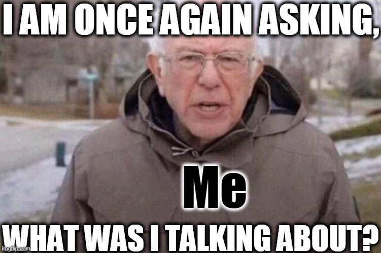 I am once again asking | I AM ONCE AGAIN ASKING, Me; WHAT WAS I TALKING ABOUT? | image tagged in i am once again asking | made w/ Imgflip meme maker