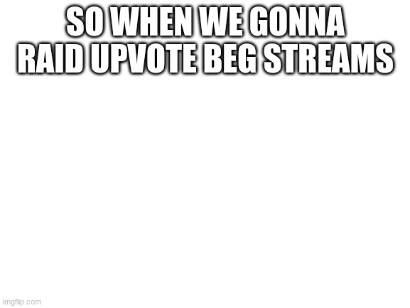 Blank White Template | SO WHEN WE GONNA RAID UPVOTE BEG STREAMS | image tagged in blank white template | made w/ Imgflip meme maker