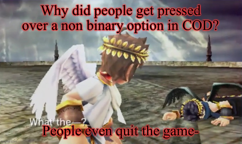 Kid Icarus | Why did people get pressed over a non binary option in COD? People even quit the game- | image tagged in kid icarus | made w/ Imgflip meme maker