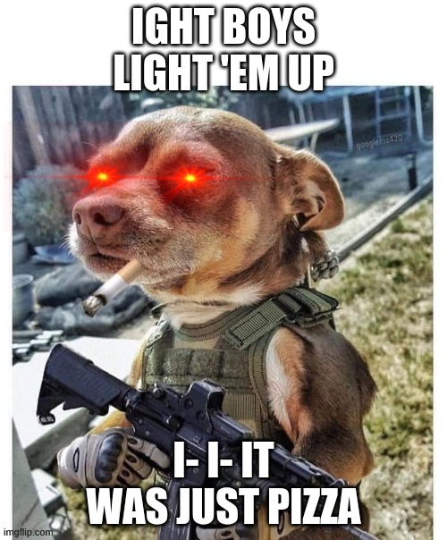 how my dog sees himself when the doorbell rings | IGHT BOYS LIGHT 'EM UP; I- I- IT WAS JUST PIZZA | image tagged in how my dog sees himself when the doorbell rings | made w/ Imgflip meme maker