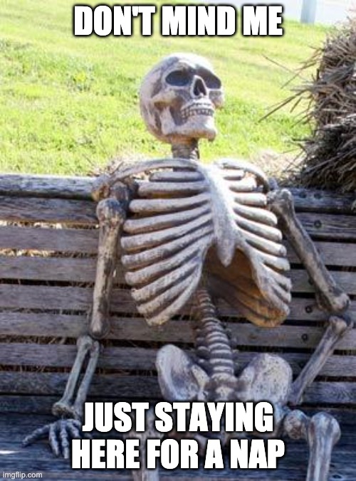 Waiting Skeleton | DON'T MIND ME; JUST STAYING HERE FOR A NAP | image tagged in memes,waiting skeleton | made w/ Imgflip meme maker