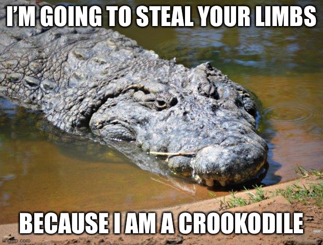 ... | I’M GOING TO STEAL YOUR LIMBS; BECAUSE I AM A CROOKODILE | image tagged in crocodile,funny,memes,eyeroll,puns,animals | made w/ Imgflip meme maker