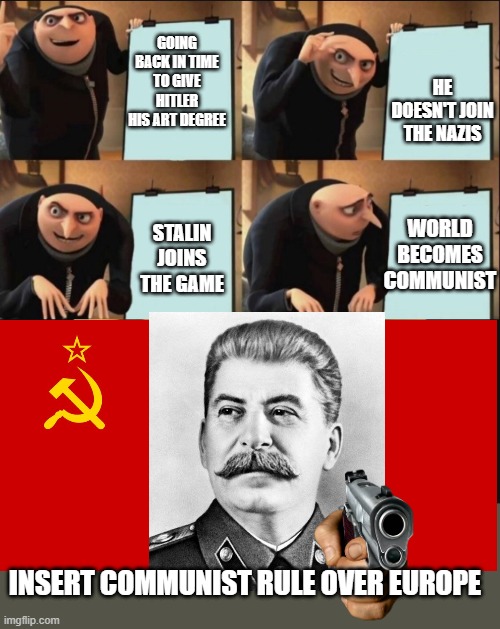 5 panel gru meme | HE DOESN'T JOIN THE NAZIS; GOING BACK IN TIME TO GIVE HITLER HIS ART DEGREE; WORLD BECOMES COMMUNIST; STALIN JOINS THE GAME; INSERT COMMUNIST RULE OVER EUROPE | image tagged in 5 panel gru meme | made w/ Imgflip meme maker