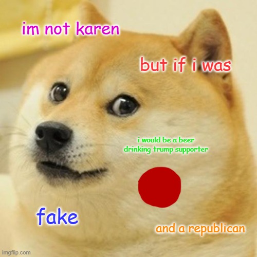 Doge Meme | im not karen; but if i was; i would be a beer drinking trump supporter; fake; and a republican | image tagged in memes,doge,politics,karen | made w/ Imgflip meme maker