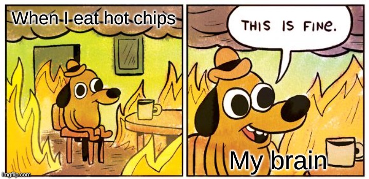 Pickkllllleeeeeessss!!!! | When I eat hot chips; My brain | image tagged in memes,this is fine | made w/ Imgflip meme maker