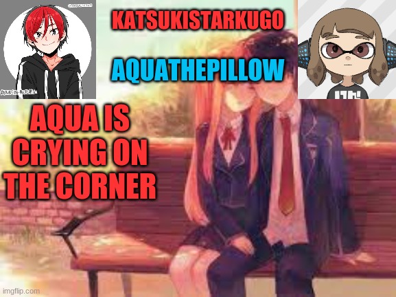 KatsukiStarkugoXAquathepillow | AQUA IS CRYING ON THE CORNER | image tagged in katsukistarkugoxaquathepillow | made w/ Imgflip meme maker