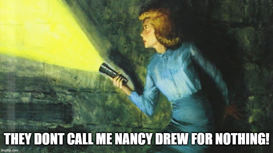 Call me Nancy Drew | THEY DONT CALL ME NANCY DREW FOR NOTHING! | image tagged in nancy drew flashlight,call me nancy drew,detective,smart,figured it out | made w/ Imgflip meme maker