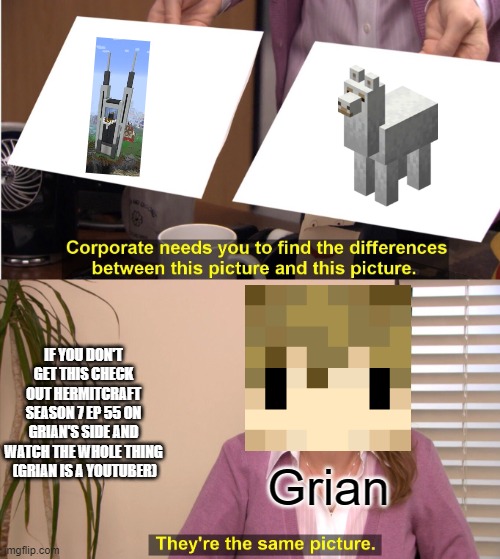 They're The Same Picture | IF YOU DON'T GET THIS CHECK OUT HERMITCRAFT SEASON 7 EP 55 ON GRIAN'S SIDE AND WATCH THE WHOLE THING  (GRIAN IS A YOUTUBER); Grian | image tagged in memes,they're the same picture | made w/ Imgflip meme maker