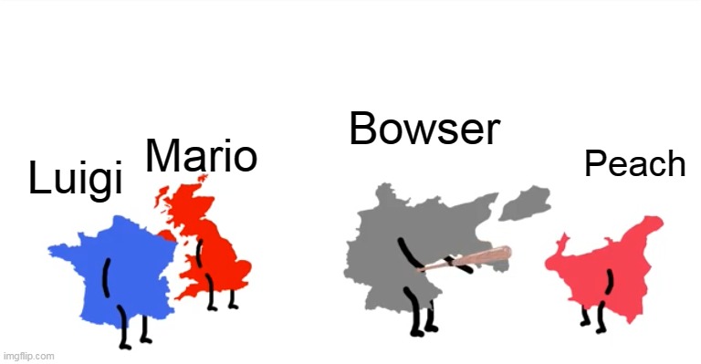 Mario in a nuthshell | Bowser; Mario; Peach; Luigi | image tagged in i wanna beat you up oversimplified,in a nutshell,mario,nintendo | made w/ Imgflip meme maker
