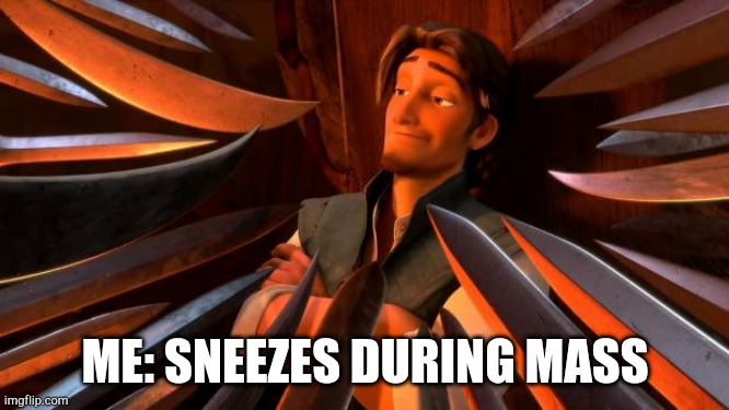 Haha | ME: SNEEZES DURING MASS | image tagged in flynn rider swords | made w/ Imgflip meme maker