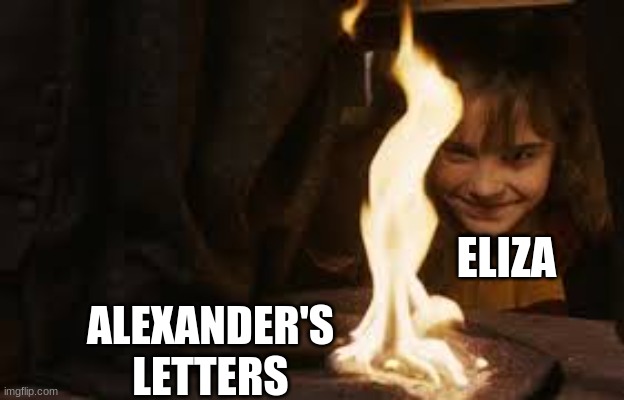 Harry Hermione and Ronald! The Golden Trio! | ELIZA; ALEXANDER'S LETTERS | image tagged in hermione setting fire to snapes cloak,hamilton | made w/ Imgflip meme maker