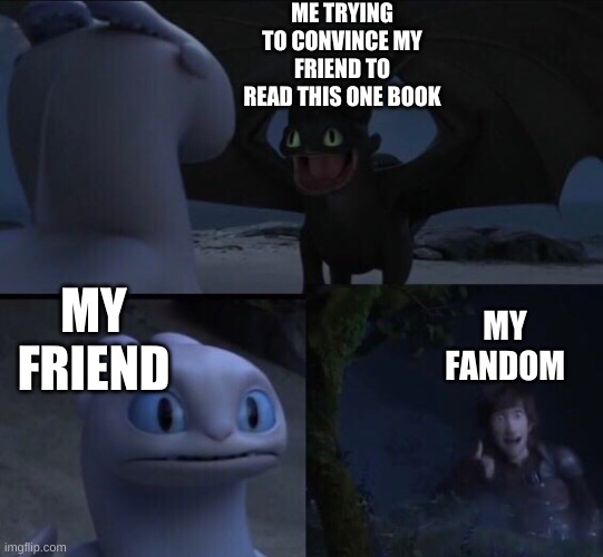 How to train your dragon 3 | ME TRYING TO CONVINCE MY FRIEND TO READ THIS ONE BOOK; MY FRIEND; MY FANDOM | image tagged in how to train your dragon 3 | made w/ Imgflip meme maker