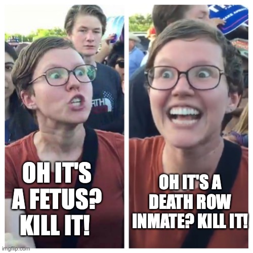 Hypocrite liberal | OH IT'S A FETUS? KILL IT! OH IT'S A DEATH ROW INMATE? KILL IT! | image tagged in hypocrite liberal | made w/ Imgflip meme maker