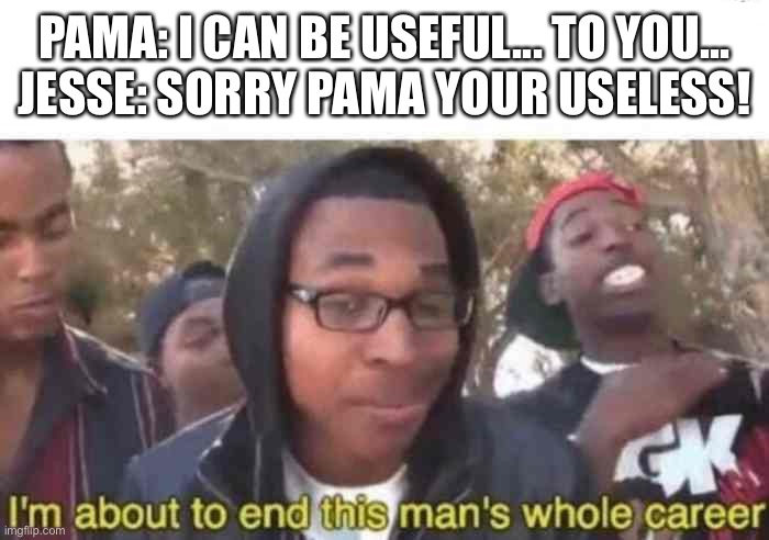 Might not be good but I had to do it | PAMA: I CAN BE USEFUL... TO YOU...
JESSE: SORRY PAMA YOUR USELESS! | image tagged in i'm about to end this man's whole career,minecraft | made w/ Imgflip meme maker