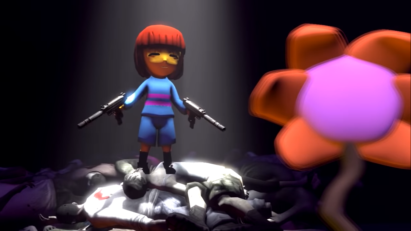 Frisk Approaching Flowey With Two Guns Blank Meme Template