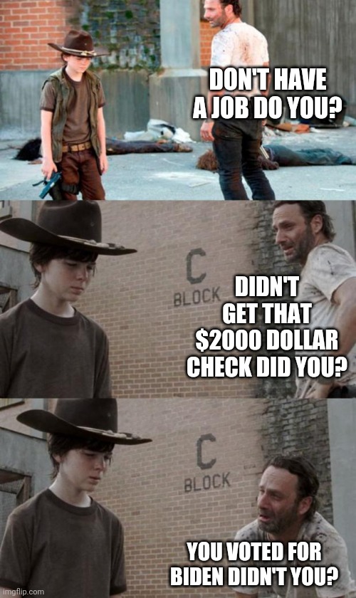 Rick and Carl 3 | DON'T HAVE A JOB DO YOU? DIDN'T GET THAT $2000 DOLLAR CHECK DID YOU? YOU VOTED FOR BIDEN DIDN'T YOU? | image tagged in memes,rick and carl 3 | made w/ Imgflip meme maker