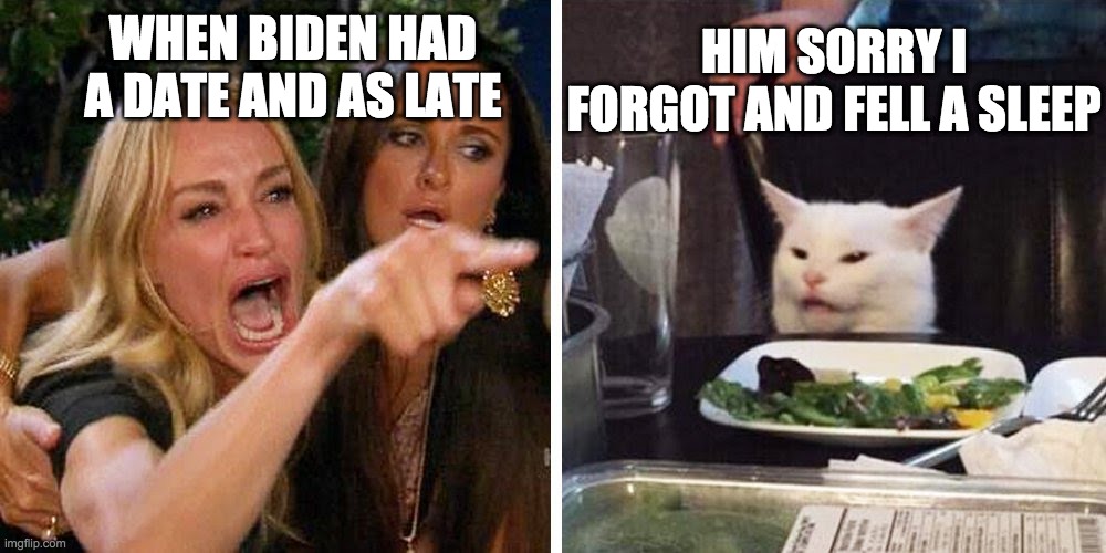 Smudge the cat | HIM SORRY I FORGOT AND FELL A SLEEP; WHEN BIDEN HAD A DATE AND AS LATE | image tagged in smudge the cat | made w/ Imgflip meme maker
