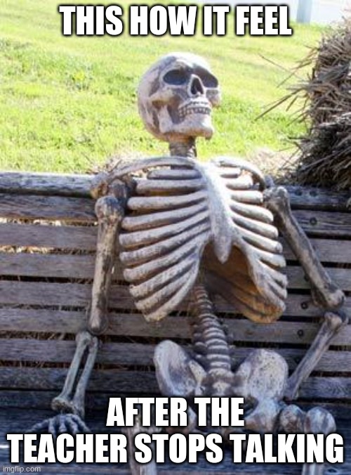 Life and It's Problems | THIS HOW IT FEEL; AFTER THE TEACHER STOPS TALKING | image tagged in memes,waiting skeleton | made w/ Imgflip meme maker