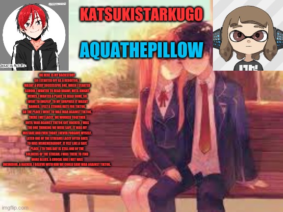 KatsukiStarkugoXAquathepillow | OK HERE IS MY BACKSTORY
SO I STARTED OFF AS A REDDITOR. I WASNT A VERY SUCCESSFUL ONE. WHEN I STARTED SCHOOL I WANTED TO READ BRAWL META KNIGHT MEMES. I WANTED A PLACE TO READ SOME, SO I WENT TO IMGFLIP. TO MY SURPRISE IT WASNT BANNED. I FELT A STRONG HATE FOR TIKTOK. SO THE PLACE I WENT TO WAS WAR AGAINST TIKTOK. THERE I MET LACEY. WE WORKED TOGETHER UNTIL WAR AGAINST TIKTOK GOT HACKED. I WAS THE ONE THINKING WE WERE SAFE. IT WAS MY MISTAKE AND EVEN TODAY I NEVER FORGAVE MYSELF. LATER ONE OF THE STREAMS LACEY OFTEN GOES TO WAS MSMEMERGROUP. IT FELT LIKE A SAFE PLACE. I TO THIS DAY IS STILL ONE OF THE SOLDIERS OF THE STREAM. I WAS THERE TO FIND MORE ALLIES. A CRUCAL ONE I MET WAS INCINEROR. A HACKER. I BELIEVE WITH HIM WE COULD SAVE WAR AGAINST TIKTOK. | image tagged in katsukistarkugoxaquathepillow | made w/ Imgflip meme maker