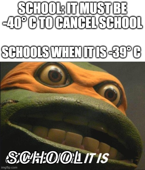bruh moment in canadian school |  SCHOOL: IT MUST BE -40° C TO CANCEL SCHOOL; SCHOOLS WHEN IT IS -39° C; SCHOOL | image tagged in cowabunga it is,bruh,bruh moment,school,cold weather,meme | made w/ Imgflip meme maker