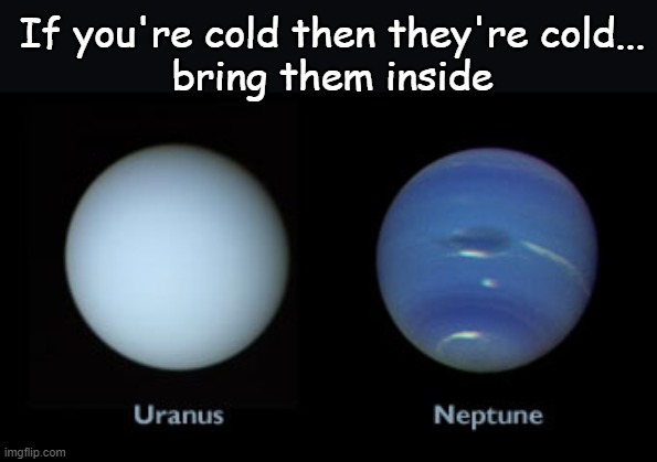Out there all alone, just look at those sad faces... | If you're cold then they're cold...

bring them inside | image tagged in uranus,neptune,bring them inside | made w/ Imgflip meme maker