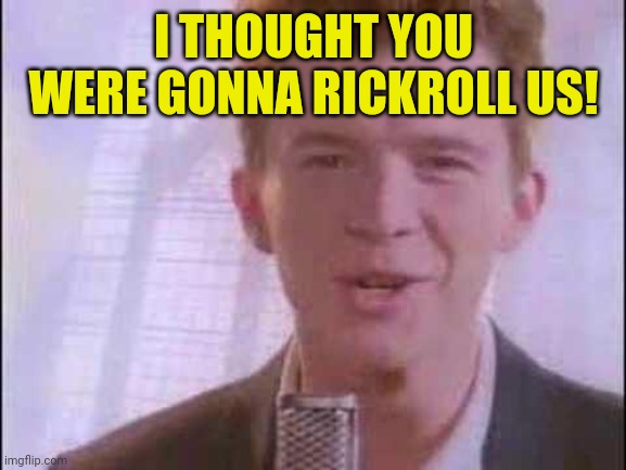 rick roll | I THOUGHT YOU WERE GONNA RICKROLL US! | image tagged in rick roll | made w/ Imgflip meme maker