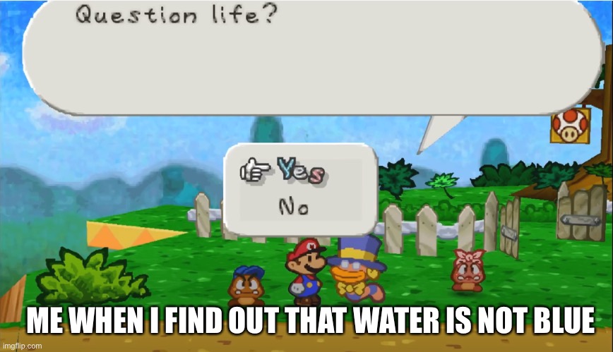 Question Life? | ME WHEN I FIND OUT THAT WATER IS NOT BLUE | image tagged in question life | made w/ Imgflip meme maker