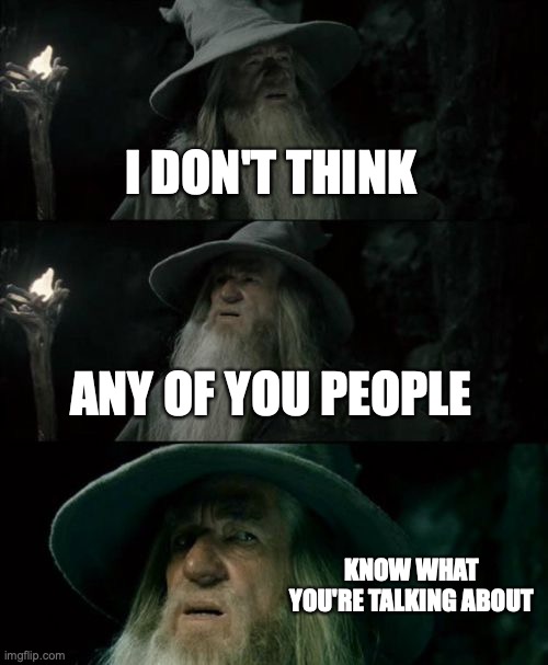 Confused Gandalf Meme | I DON'T THINK ANY OF YOU PEOPLE KNOW WHAT YOU'RE TALKING ABOUT | image tagged in memes,confused gandalf | made w/ Imgflip meme maker