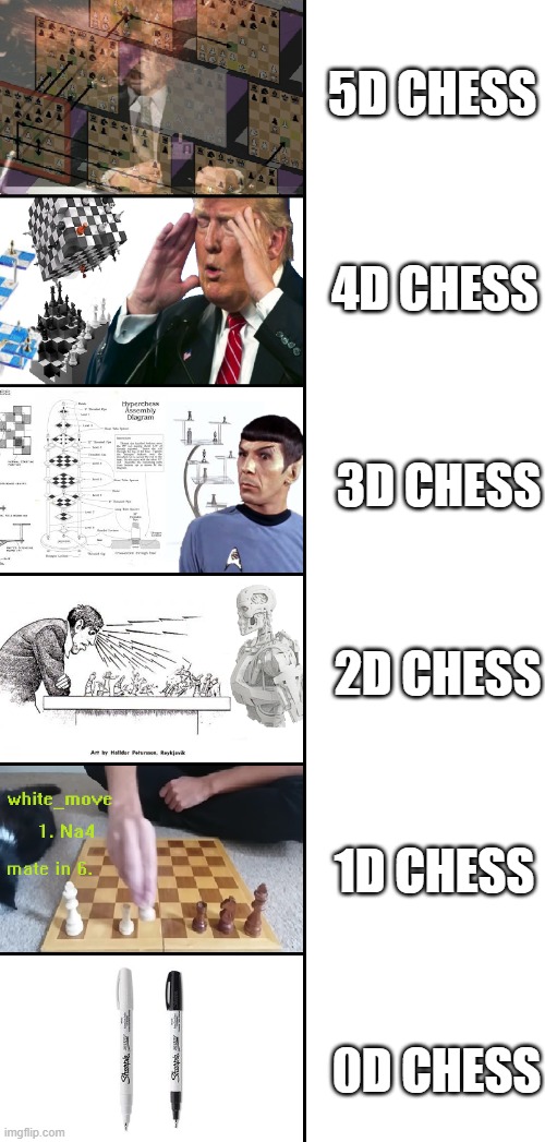 Dimensions for All Occasions | 5D CHESS; 4D CHESS; 3D CHESS; 2D CHESS; 1D CHESS; 0D CHESS | image tagged in chess,board games | made w/ Imgflip meme maker
