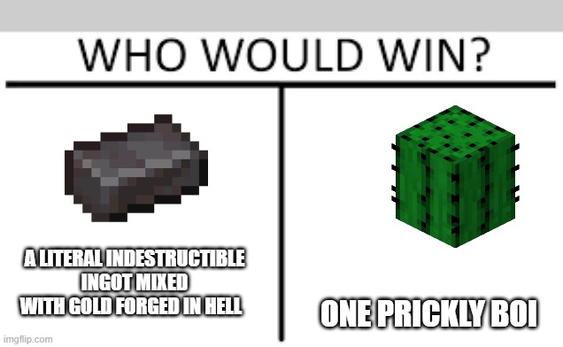 you may have seen this before | A LITERAL INDESTRUCTIBLE INGOT MIXED WITH GOLD FORGED IN HELL; ONE PRICKLY BOI | image tagged in minecraft memes | made w/ Imgflip meme maker