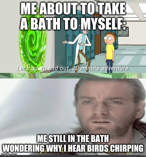 Every one and baths | ME ABOUT TO TAKE A BATH TO MYSELF:; ME STILL IN THE BATH WONDERING WHY I HEAR BIRDS CHIRPING | image tagged in 20 minute adventure rick morty | made w/ Imgflip meme maker