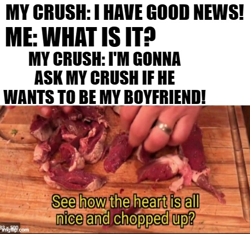 Speaking from recent experience. |  MY CRUSH: I HAVE GOOD NEWS! ME: WHAT IS IT? MY CRUSH: I'M GONNA ASK MY CRUSH IF HE WANTS TO BE MY BOYFRIEND! | image tagged in blank white template,crush,sad,depression sadness hurt pain anxiety | made w/ Imgflip meme maker