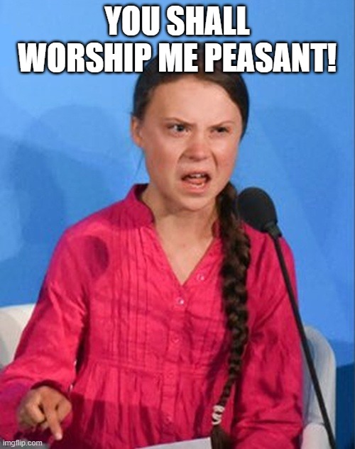 She's not some Climate God. She's a Very Autistic Girl. | YOU SHALL WORSHIP ME PEASANT! | image tagged in greta thunberg how dare you | made w/ Imgflip meme maker