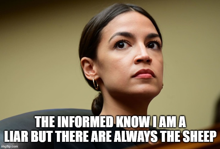 aoc | THE INFORMED KNOW I AM A LIAR BUT THERE ARE ALWAYS THE SHEEP | image tagged in aoc | made w/ Imgflip meme maker