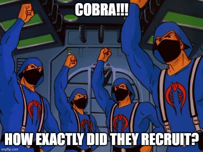 One Heck of a Recruitment Program | COBRA!!! HOW EXACTLY DID THEY RECRUIT? | image tagged in g i joe,classic cartoons | made w/ Imgflip meme maker