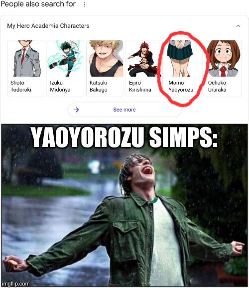 i was tryna look something up and found this | YAOYOROZU SIMPS: | image tagged in extreme rain happiness,bnha,momo yaoyorozu,simp | made w/ Imgflip meme maker
