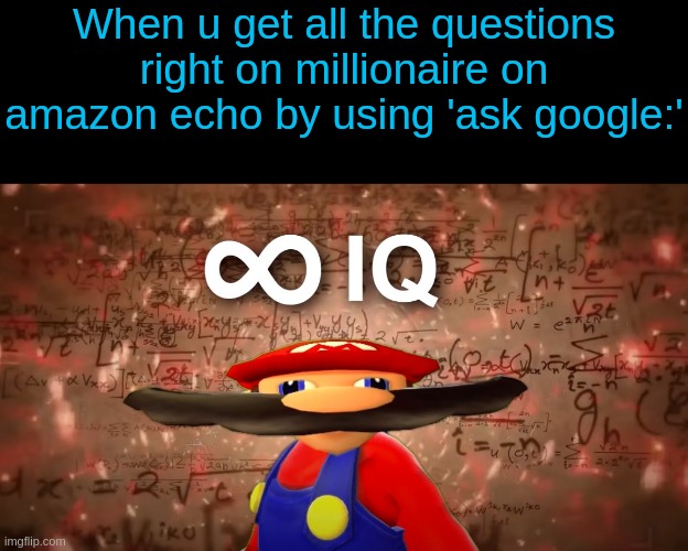 hey, it works | When u get all the questions right on millionaire on amazon echo by using 'ask google:' | image tagged in infinite iq mario,amazon echo,who wants to be a millionaire | made w/ Imgflip meme maker