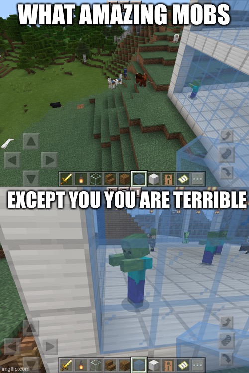 WHAT AMAZING MOBS; EXCEPT YOU YOU ARE TERRIBLE | image tagged in minecraft | made w/ Imgflip meme maker