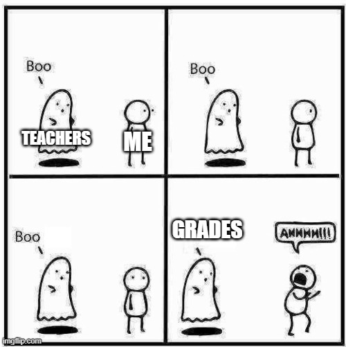 Ghost Boo | TEACHERS; ME; GRADES | image tagged in ghost boo | made w/ Imgflip meme maker