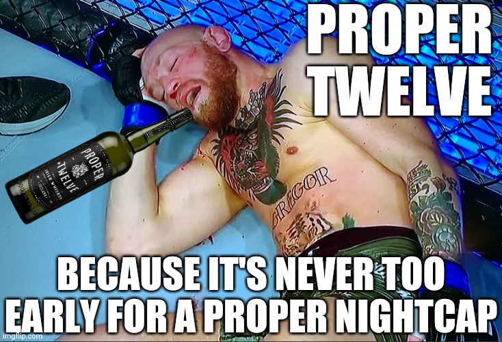 Proper Twelve |  PROPER TWELVE; BECAUSE IT'S NEVER TOO EARLY FOR A PROPER NIGHTCAP | image tagged in conor mcgregor,knockout,whiskey | made w/ Imgflip meme maker
