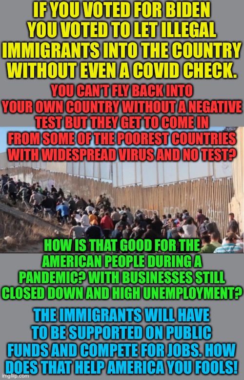 The idiocracy supports the leftist traitors | IF YOU VOTED FOR BIDEN YOU VOTED TO LET ILLEGAL IMMIGRANTS INTO THE COUNTRY WITHOUT EVEN A COVID CHECK. YOU CAN’T FLY BACK INTO YOUR OWN COUNTRY WITHOUT A NEGATIVE TEST BUT THEY GET TO COME IN FROM SOME OF THE POOREST COUNTRIES WITH WIDESPREAD VIRUS AND NO TEST? HOW IS THAT GOOD FOR THE AMERICAN PEOPLE DURING A PANDEMIC? WITH BUSINESSES STILL
CLOSED DOWN AND HIGH UNEMPLOYMENT? THE IMMIGRANTS WILL HAVE TO BE SUPPORTED ON PUBLIC FUNDS AND COMPETE FOR JOBS. HOW DOES THAT HELP AMERICA YOU FOOLS! | image tagged in illegal immigrants,illegal immigration,immigration,covid19,test,task failed successfully | made w/ Imgflip meme maker