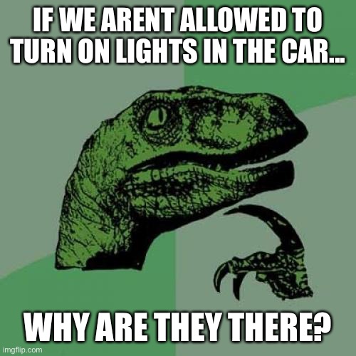 I ain’t wrong right? | IF WE ARENT ALLOWED TO TURN ON LIGHTS IN THE CAR... WHY ARE THEY THERE? | image tagged in memes,philosoraptor | made w/ Imgflip meme maker