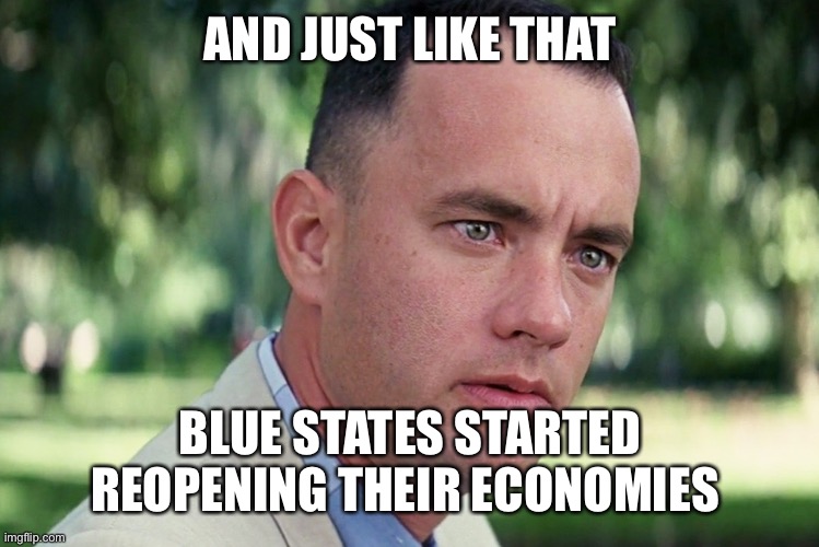 And Just Like That Meme | AND JUST LIKE THAT BLUE STATES STARTED REOPENING THEIR ECONOMIES | image tagged in memes,and just like that | made w/ Imgflip meme maker