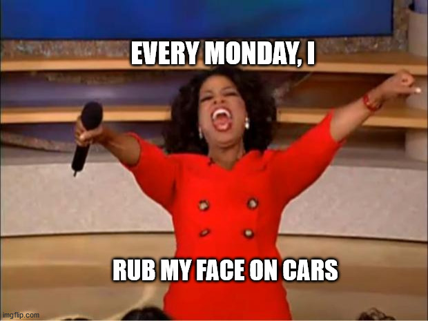 Oprah You Get A |  EVERY MONDAY, I; RUB MY FACE ON CARS | image tagged in memes,oprah you get a | made w/ Imgflip meme maker