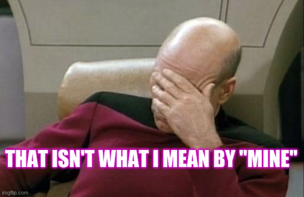 Captain Picard Facepalm Meme | THAT ISN'T WHAT I MEAN BY "MINE" | image tagged in memes,captain picard facepalm | made w/ Imgflip meme maker