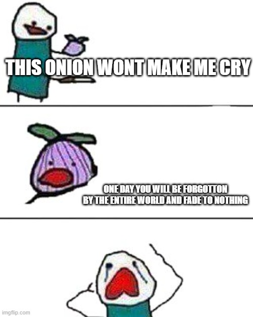 this onion won't make me cry | THIS ONION WONT MAKE ME CRY; ONE DAY YOU WILL BE FORGOTTON BY THE ENTIRE WORLD AND FADE TO NOTHING | image tagged in this onion won't make me cry | made w/ Imgflip meme maker